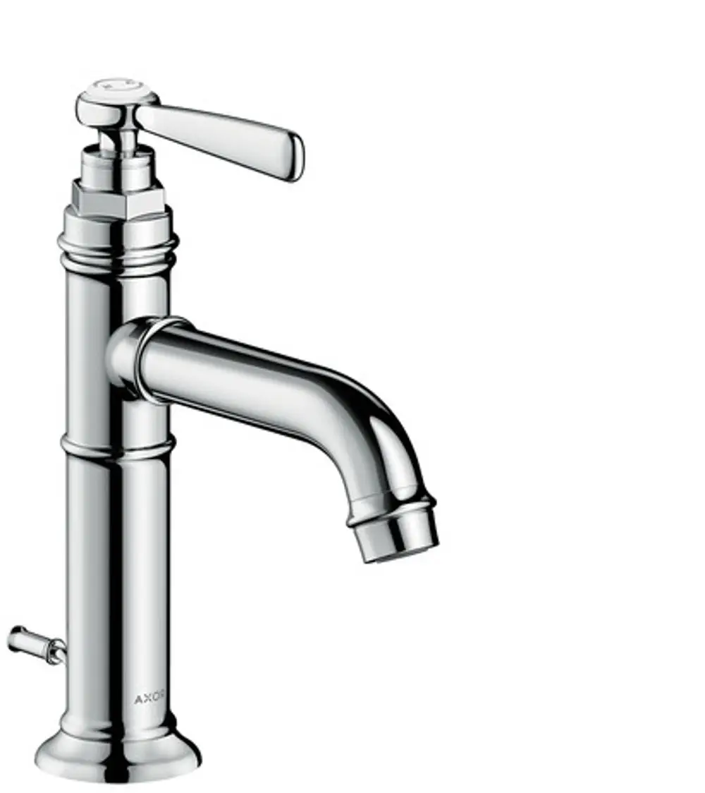 Ein Axor-Waschtischmischer in Chrom mit einem Hebelgriff und einer Zugstangen-Ablaufgarnitur. Der Wasserhahn hat einen geschwungenen Auslauf und einen praktischen Bedienhebel.